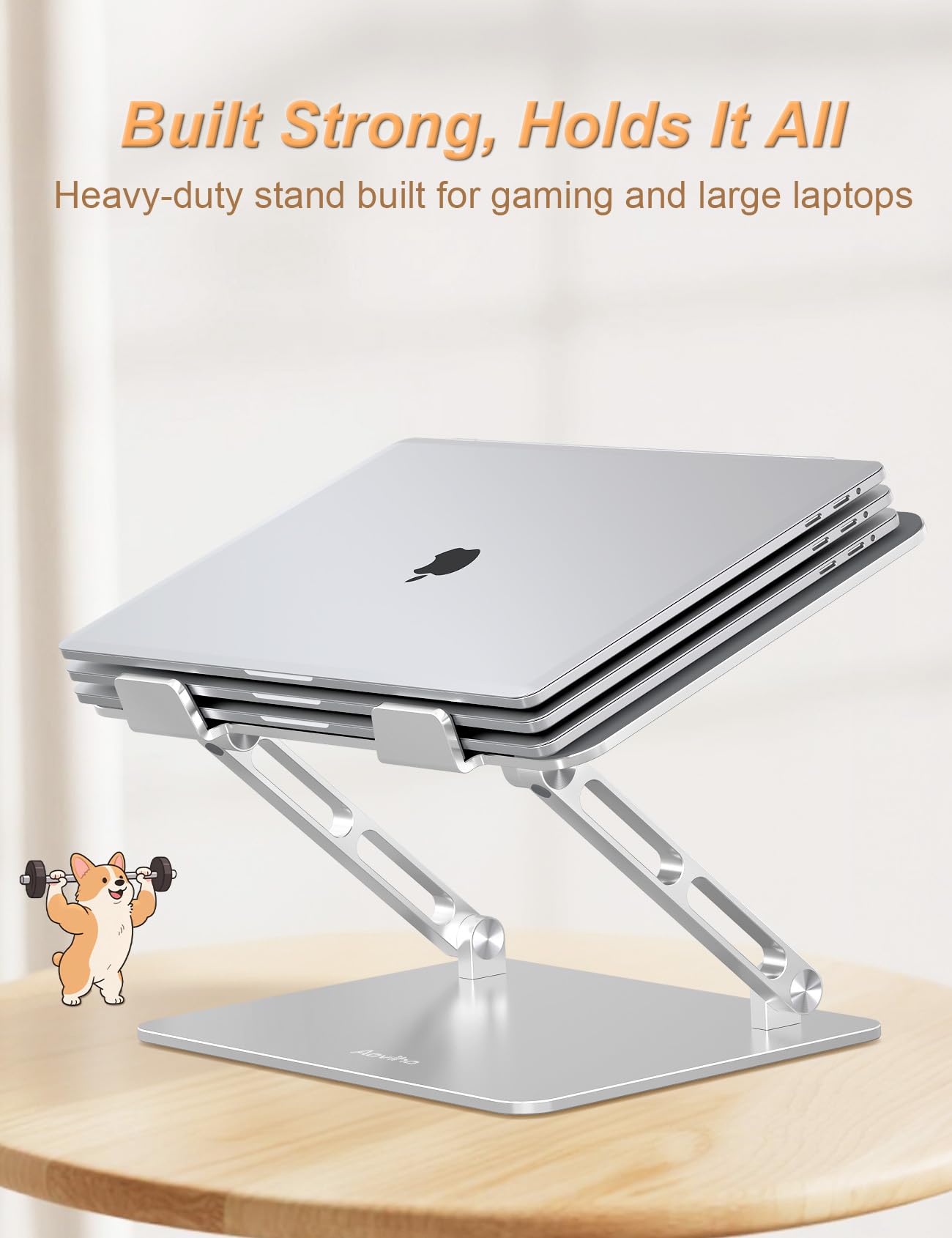 Aoviho Laptop Stand for Desk-Adjustable, Foldable, Portable, Ergonomic Aluminum Notebook Riser with Unique Puppy Cooling Vent, Desk Gift for 10"-17.3" Devices Mac, Dell, HP, Lenovo, Samsung, Silver