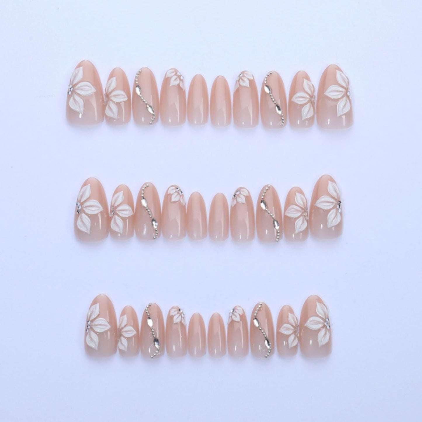 Almond Press on Nails Medium Fake Nails Nude Artificial Nail White Flowers Handmade Stick on Nail for Women 24pcs