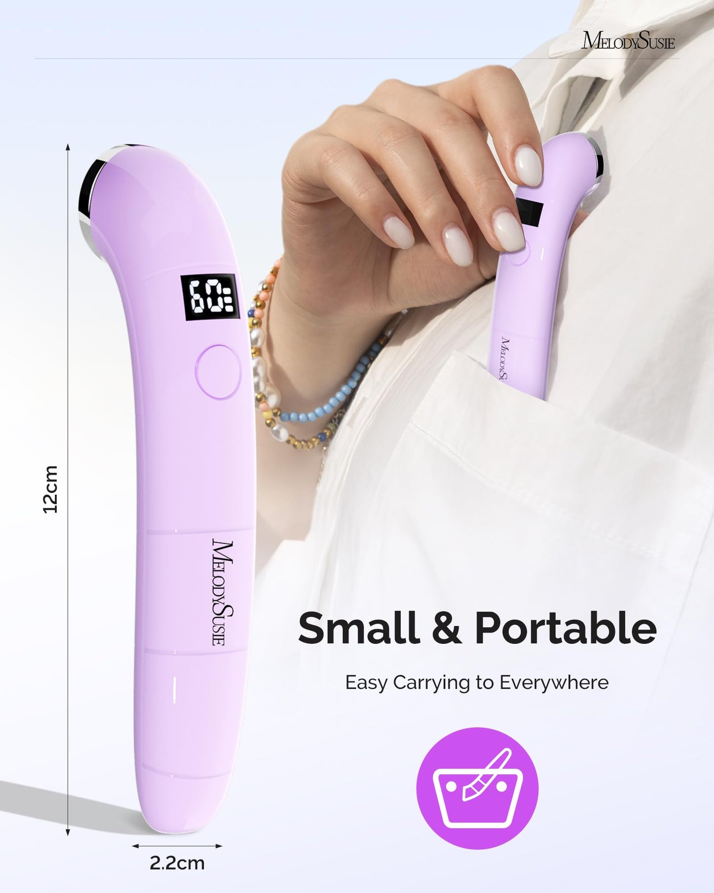 MelodySusie Ergonomic Handheld Cordless UV Nail Lamp with LCD Display & 2 Timers, P-Art01A Rechargeable Mini UV LED Light Flash Cures All Soft Gels, Especially Rhinestone Glue & Liner Gel Purple