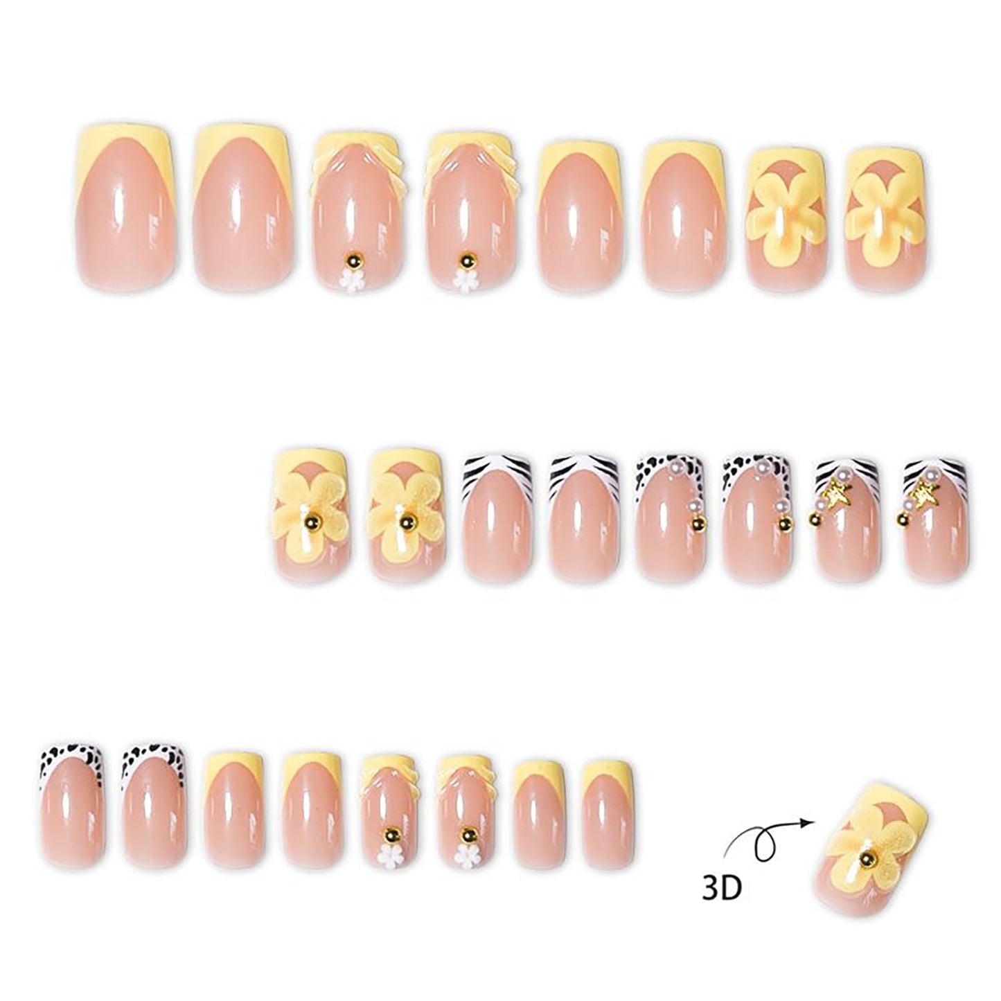 RUOKEXIN Short Press on Nails French Tip Fake Nails Square False Nails with 3D Flower Designs Orange Nail Press ons Sparkly Artificial Nails for Women 24Pcs
