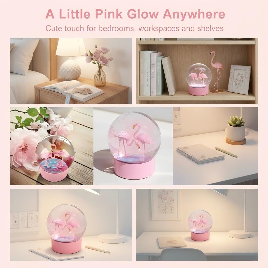 Pink Flamingo Snow Globes for Girls, 100MM Christmas Snow Globe for Kids, Glass Glitter Snowglobes for Adults Women Home Office Table Decor Birthday Valentine Gift