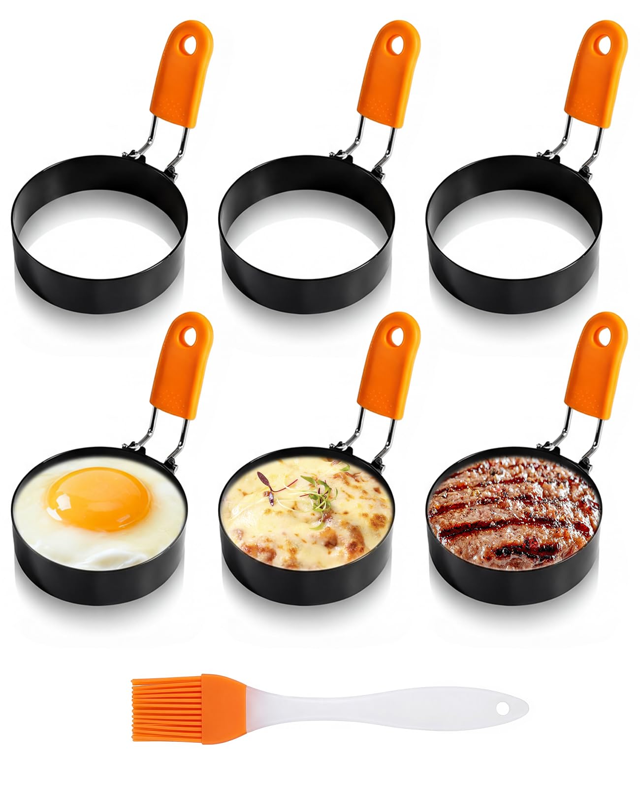 DAWZMR 6 PCS Egg Rings 3.5 Inch, Egg Ring Mold for Cooking Frying with Oil Brush, Blackstone Fried Egg Circles for Breakfast Sandwiches
