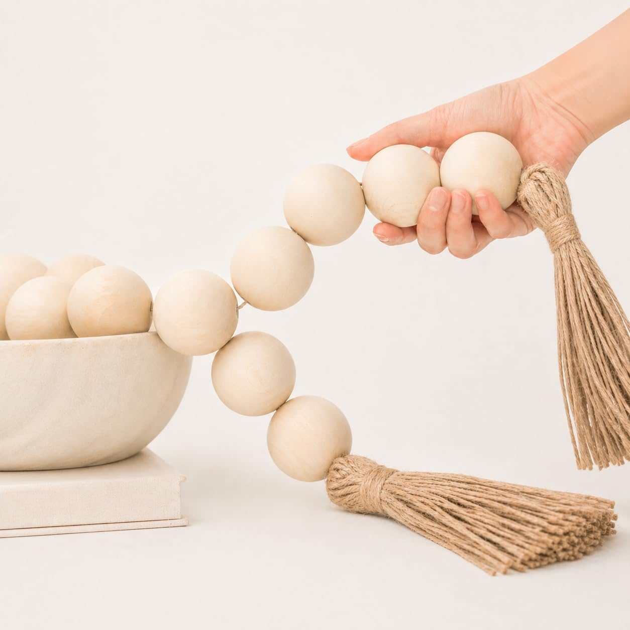 OMISHE Extra Large Wood Bead Garland with 1.6" Diameter Wooden Beads and Tassels, 41" Long Rustic Farmhouse Country Decorative Beads for Home Tiered Tray Decor, Natural Beige