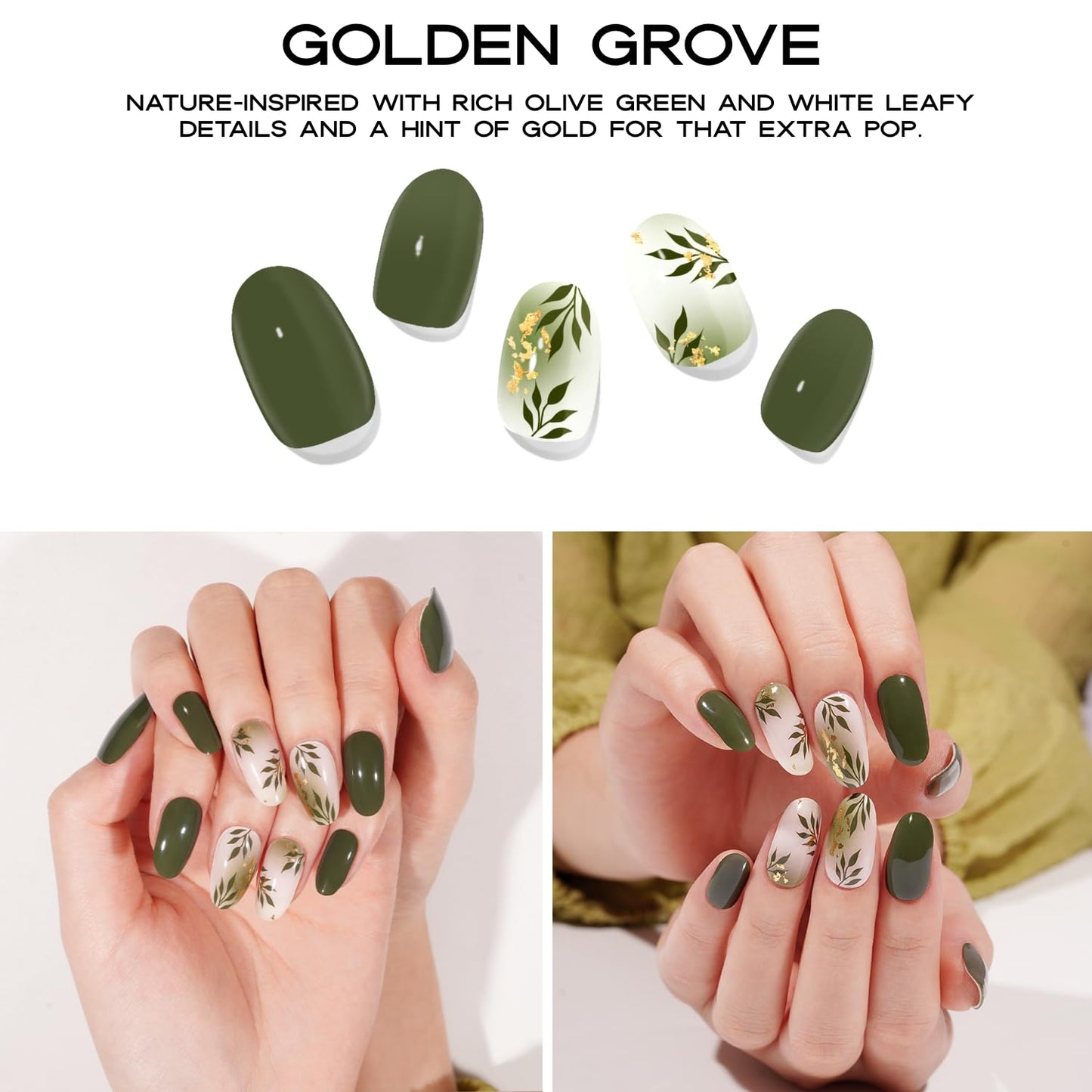 Semi-Cured Gel Nail Strips - 20 Salon-Quality Gel Sticker with UV Light Required, Long Lasting, Easy Application & Removal, Includes Prep Pad, Nail File, Wooden Stick (Golden Grove)
