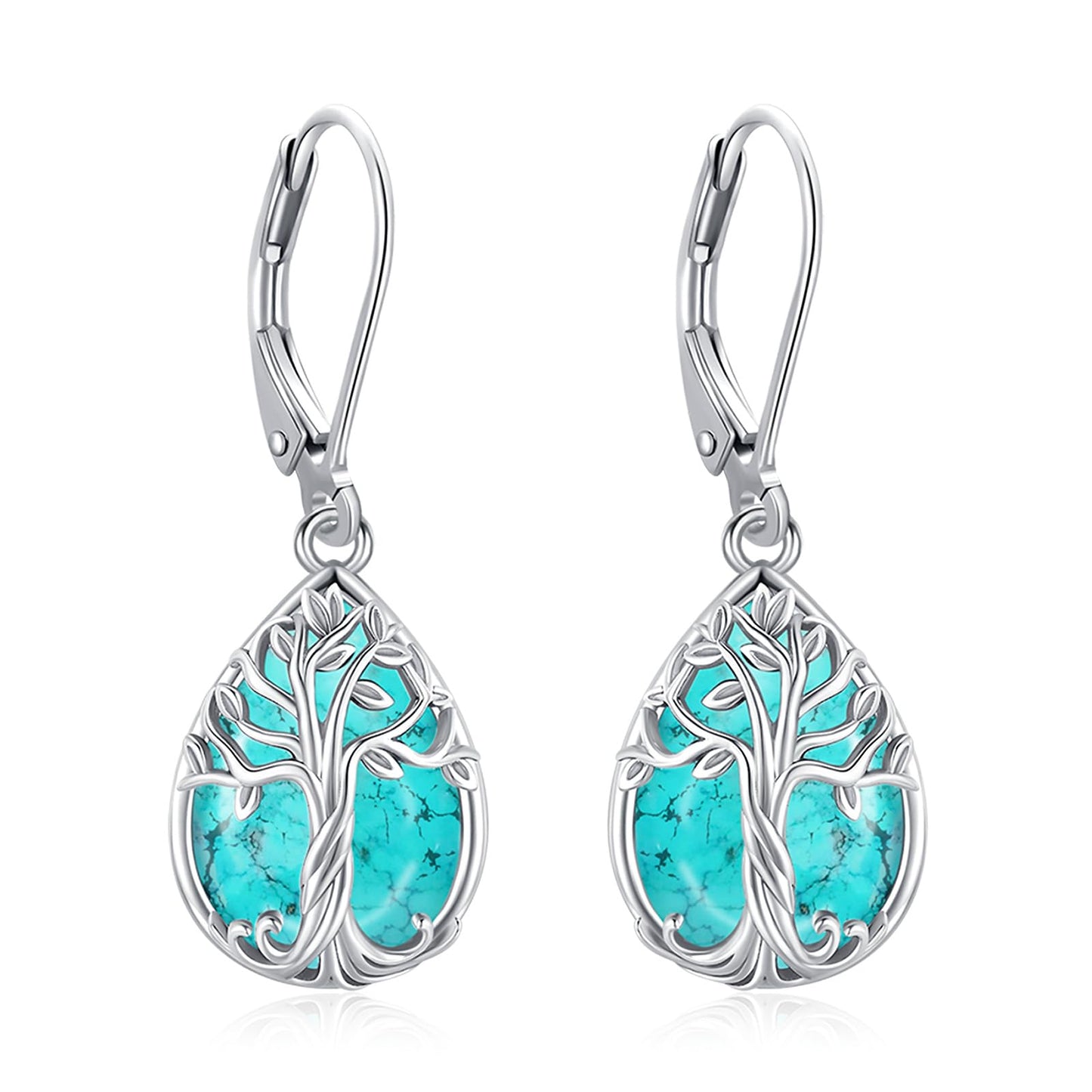 Eusense Tree of Life Earrings Sterling Silver Dangle Leverback Turquoise Earrings for Women Teardrop Drop Sterling Silver Tree of Life Jewelry Gift