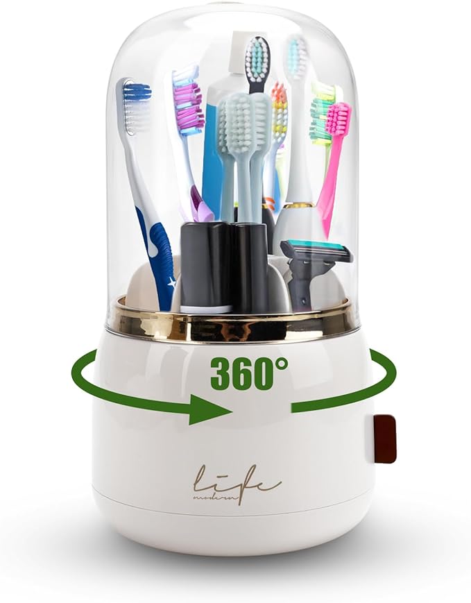 EEEKit Toothbrush Holder with Lid, 360° Rotating 7-Slot Organizer for Bathroom Countertop, Toothpaste Stand and Storage Rack