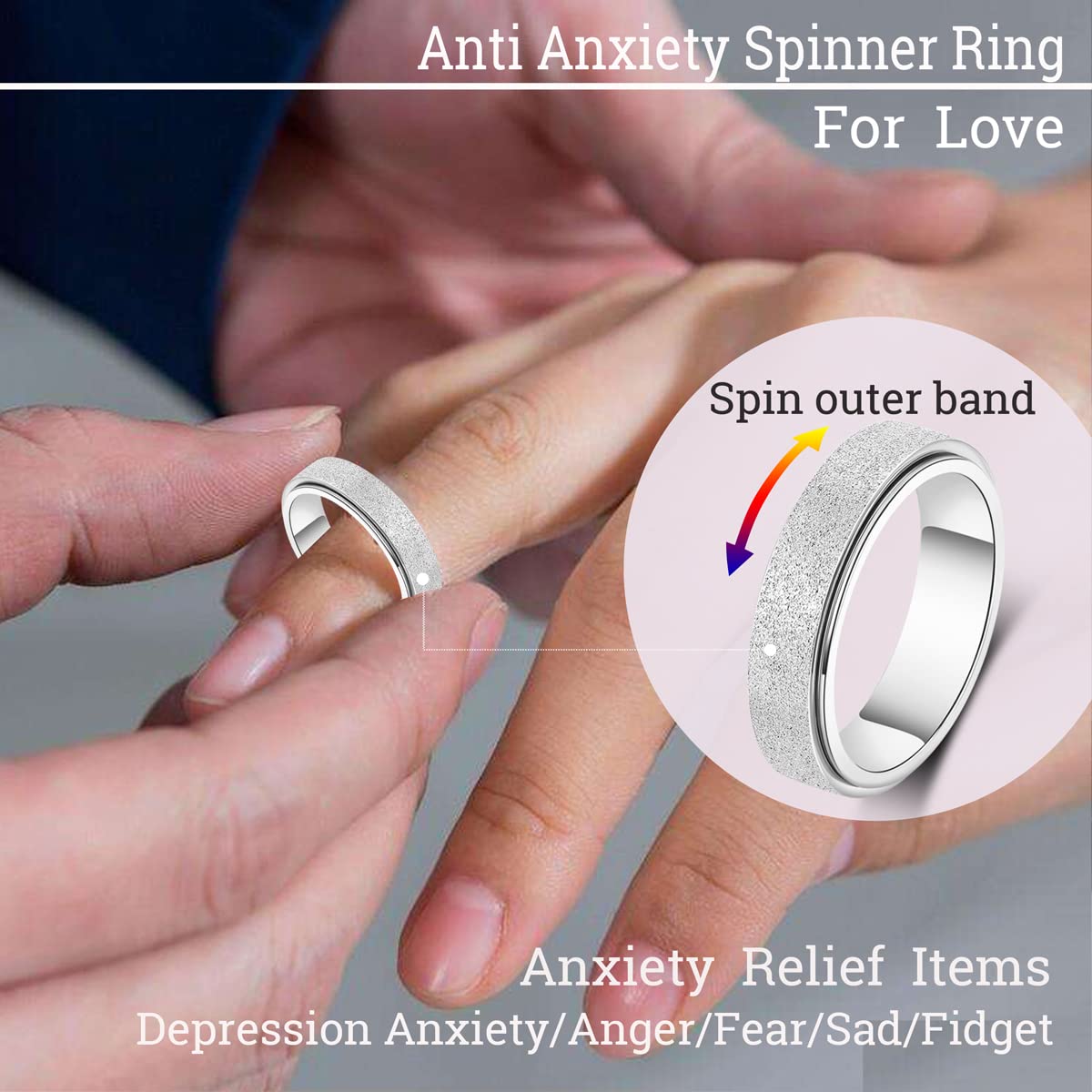 OreilleStar Anxiety Ring for Women Men Stainless Steel Fidget Spinner Thumb Ring Fidget Toys Adults Size 8 Width 6MM Silver Hand Polished