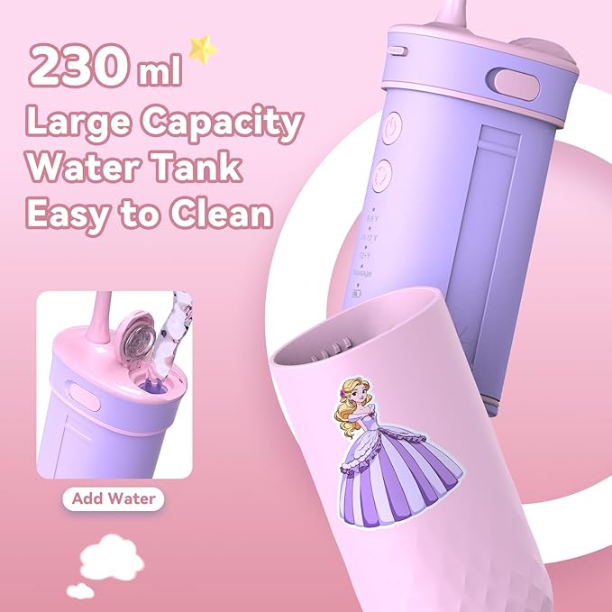 JTF Kids Water Dental Flosser: Rechargeable Portable Oral Irrigator with 4 Flossing Modes 230ml Tank 4 Tips Travel Bag Waterproof Stickers, Cordless Electric Flossers for Teeth Gum Braces Care, Age 6+