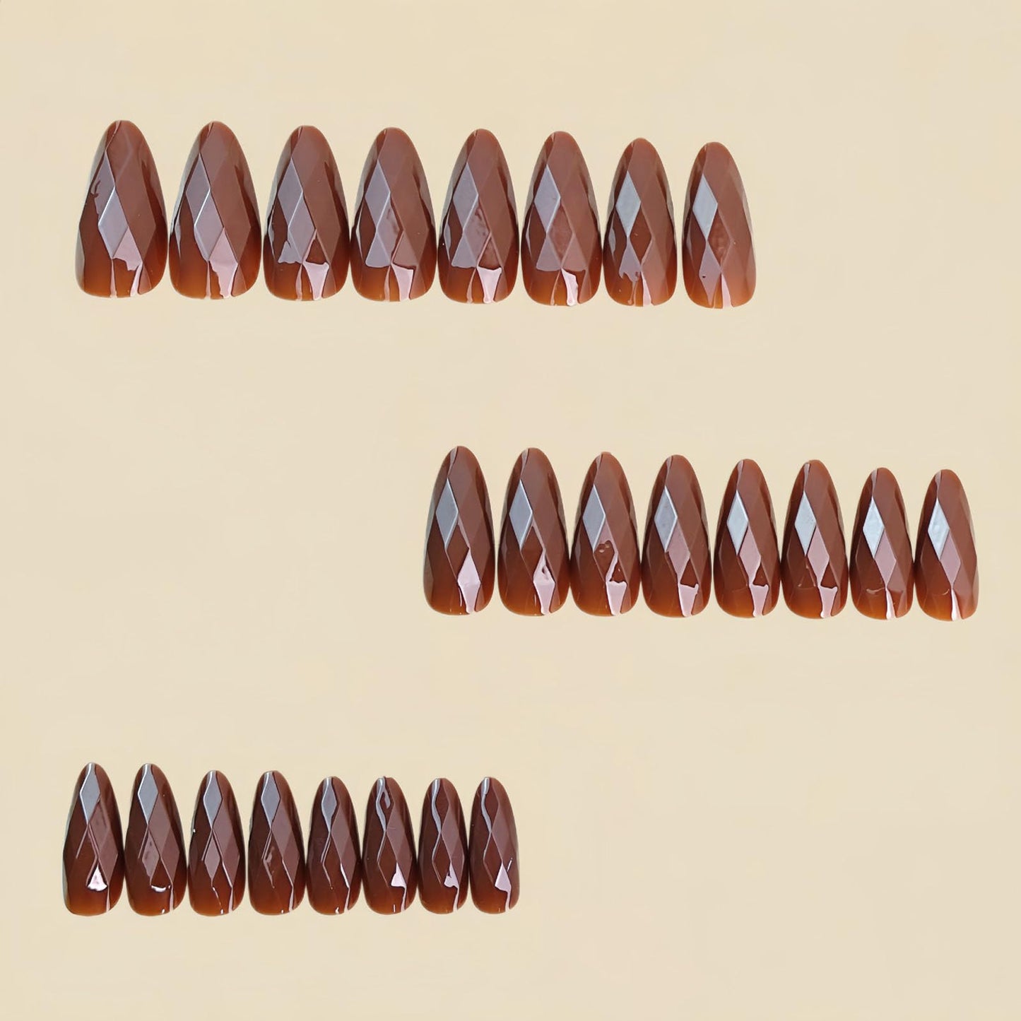 RUOKEXIN Almond Press on Nails Medium Length Fake Nails Brown Chrome False Nails with 3D Rhombus Designs Full Cover Nail Press ons Sparkly Artificial Nails for Women 24Pcs