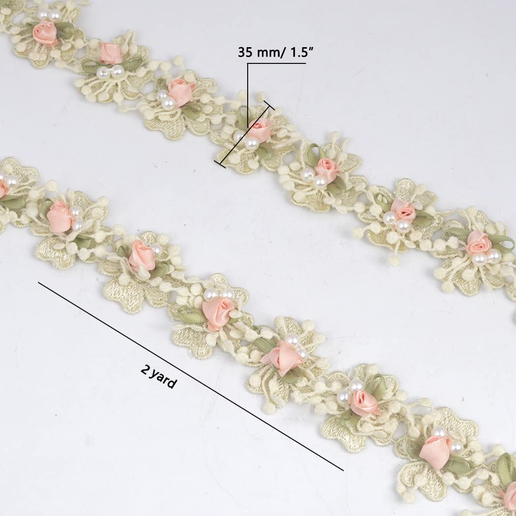 Kuasting 2 Yard Vintage Pearl Flower Ribbon Scallop Edge Trim Lace Fabric Sewing Lace Trim Handmade DIY Sewing Supplies for Dress Embellishment (Small Pearl lace)