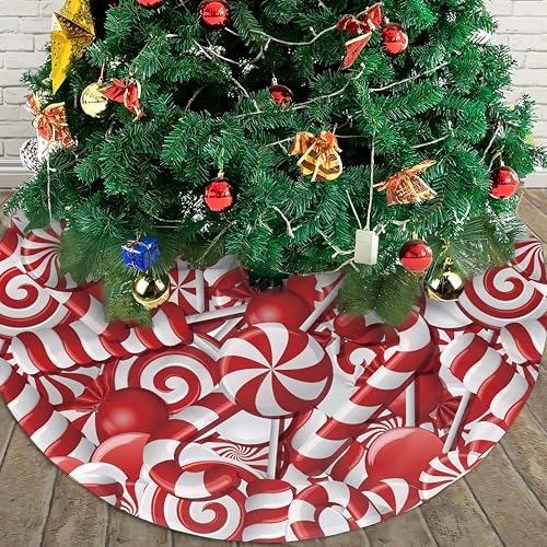 Sweet Candy Christmas Tree Skirt 48 Inch Soft Red Tree Skirt Xmas Tree Skirt Lollipop Christmas Trees Mat Winter Holiday Decoration