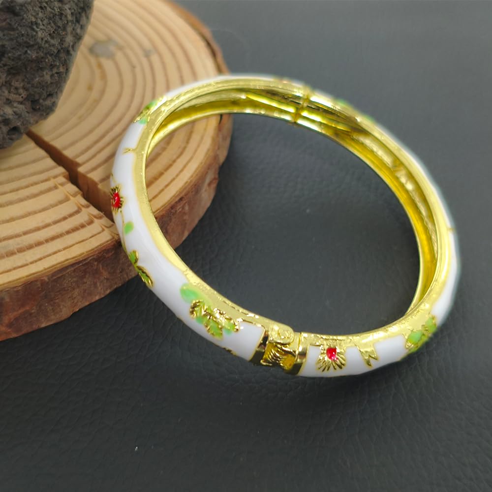 Cloisonne Bracelet For Women, Chunky Bangle Trendy Cute Flower Enamel Bangles Multi Tone Engraved Cuff Gold Plated Bracelets Stackable Wife Jewelry Friendship Gift (Blue&White Set, One Size)