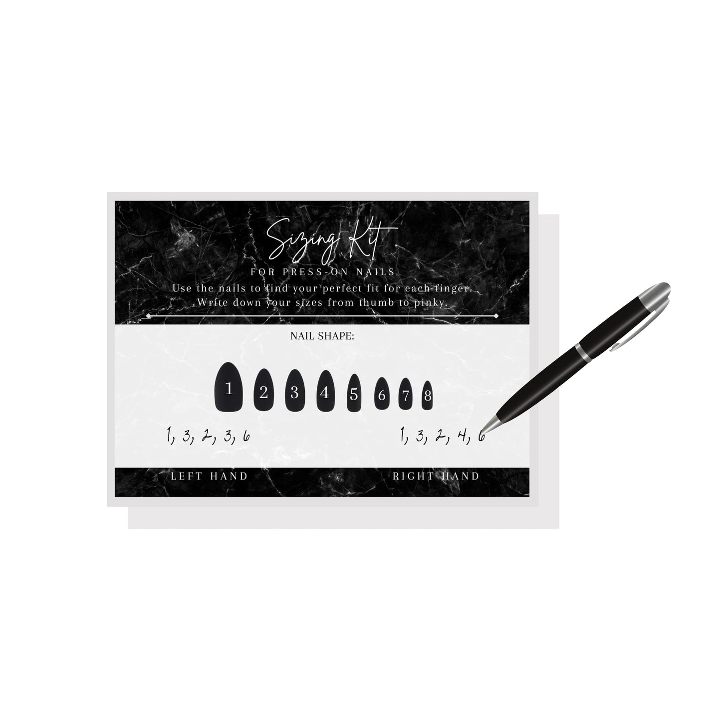 Boutique Marketing LLC Press On Nail Sizing Card | Physical Printed 5x7inch inch Large Postcard | Press-On Nail Supplies | Black Marble Design