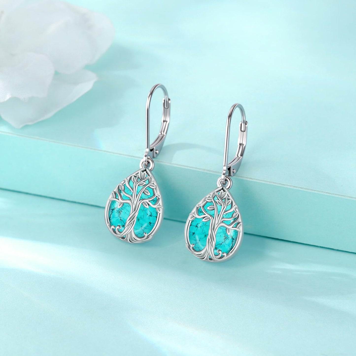 Eusense Tree of Life Earrings Sterling Silver Dangle Leverback Turquoise Earrings for Women Teardrop Drop Sterling Silver Tree of Life Jewelry Gift