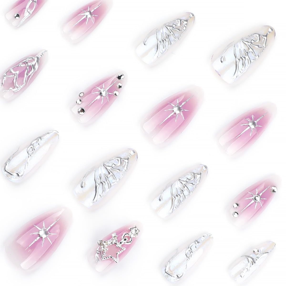 24Pcs Star Press on Nails Medium Almond Fake Nails 3D Silver Rhinestones False Nails Cute Full Cover Artificial Glue on Nails Spring Summer Stick on Nails for Women Girls DIY Nails Kit Decoration