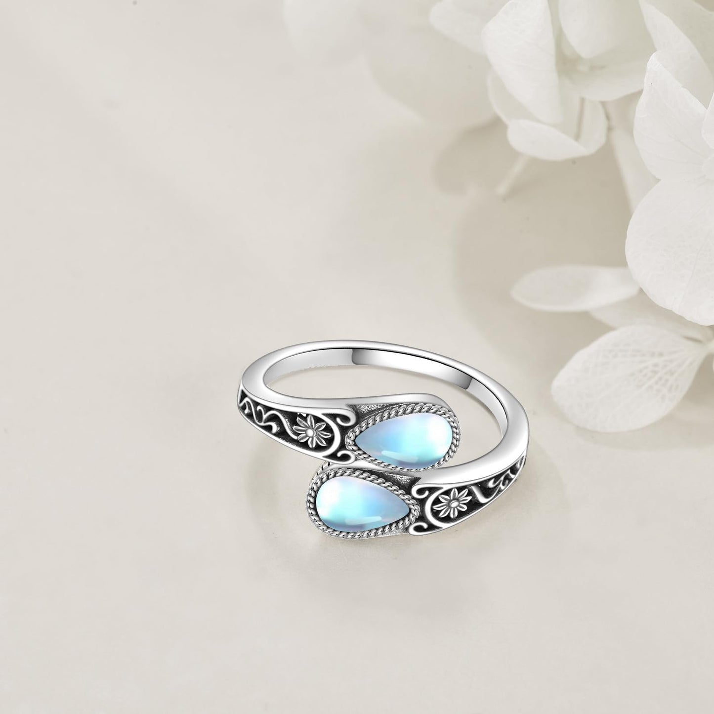 POPLYKE Sterling Silver Moonstone Filigree Spoon Ring Vintage Thumb Rings Boho Adjustable Open Ring Statement Jewelry Gifts for Women