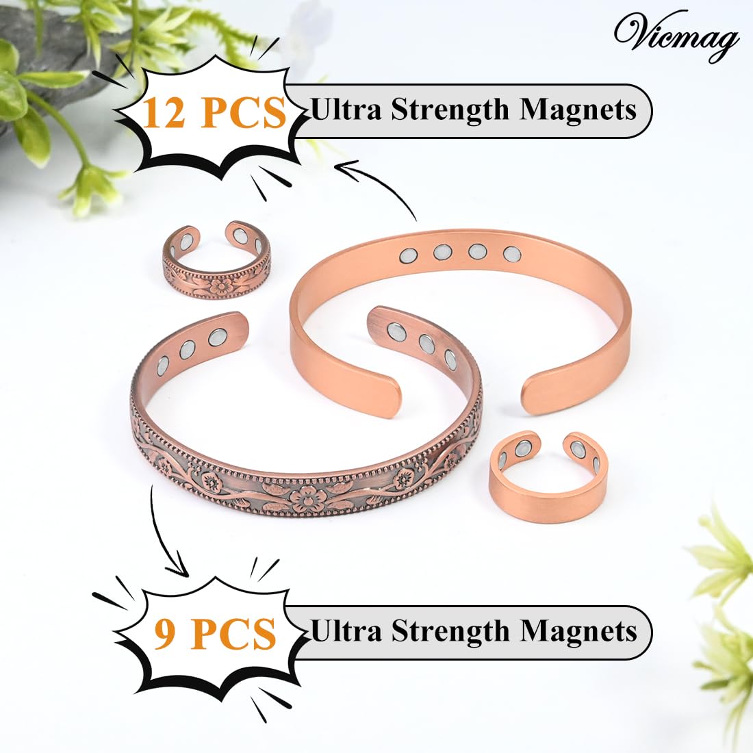 Vicmag 4PCS Copper Magnetic Bracelet Ring for Women Men Magnet 100% Solid Pure Copper Brazalete Gift