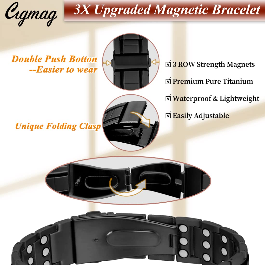 Cigmag 3X Magnetic Bracelets for Men Ultra Strength Magnets Upgrade Folding Clasp Titanium Bracelet & Copper Ring Adjustable with Sizing Tool (Black)