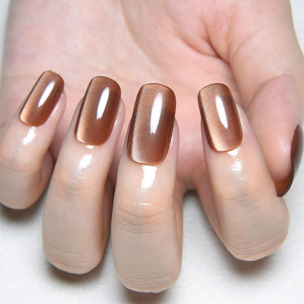 Nude Brown Cat Eye Press on Nails Medium Square, Medium Square Press Stick on Nails Chrome for Women Gift, Brown Holographic Glitter Glossy Reusable Soft Acrylic Fake Nail with Design Cateye Effect