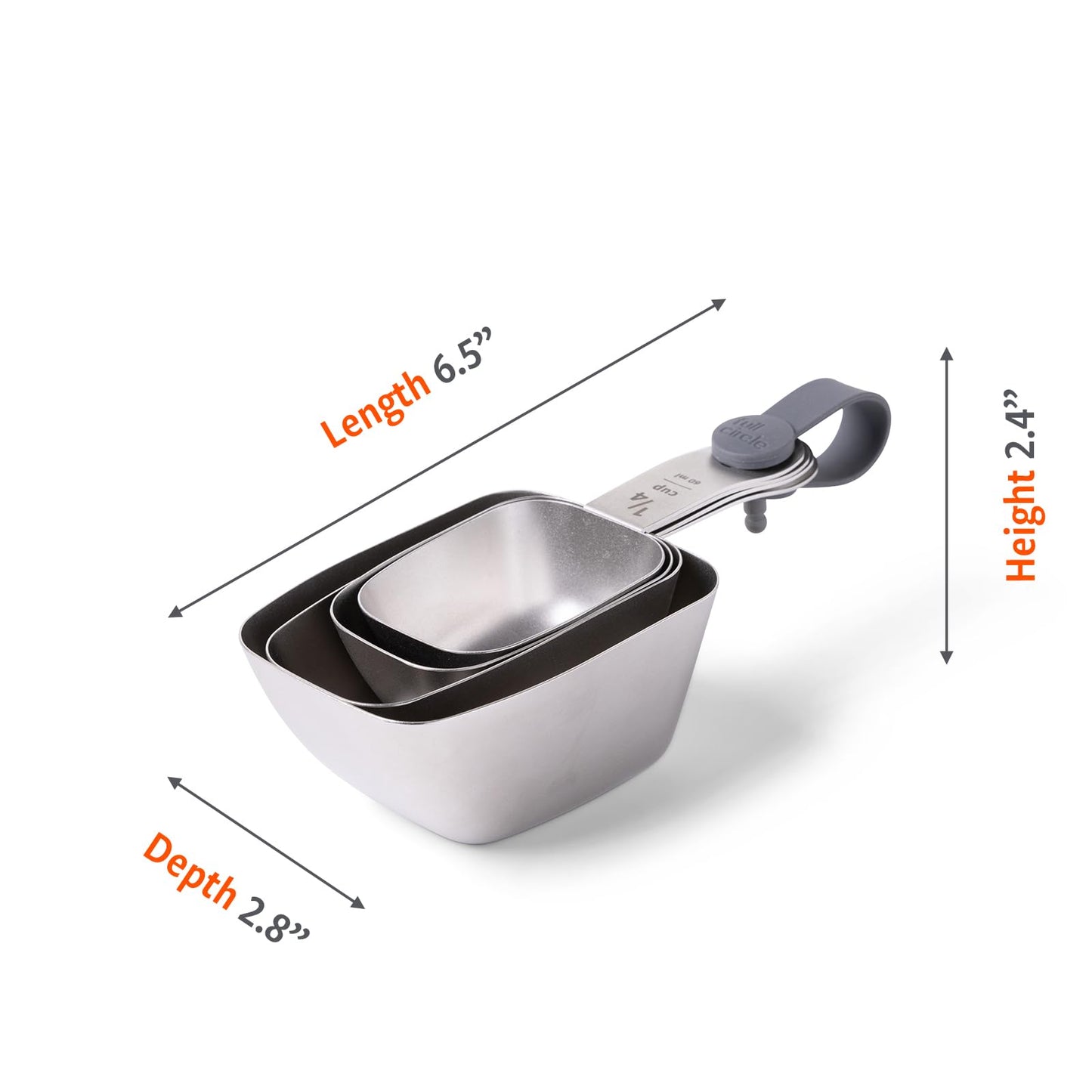 Full Circle Inside Scoop Stainless Steel Measuring Cups, 4-Piece Set (¼ cup, 1/3 cup, ½ cup, and 1 cup), Dishwasher Safe