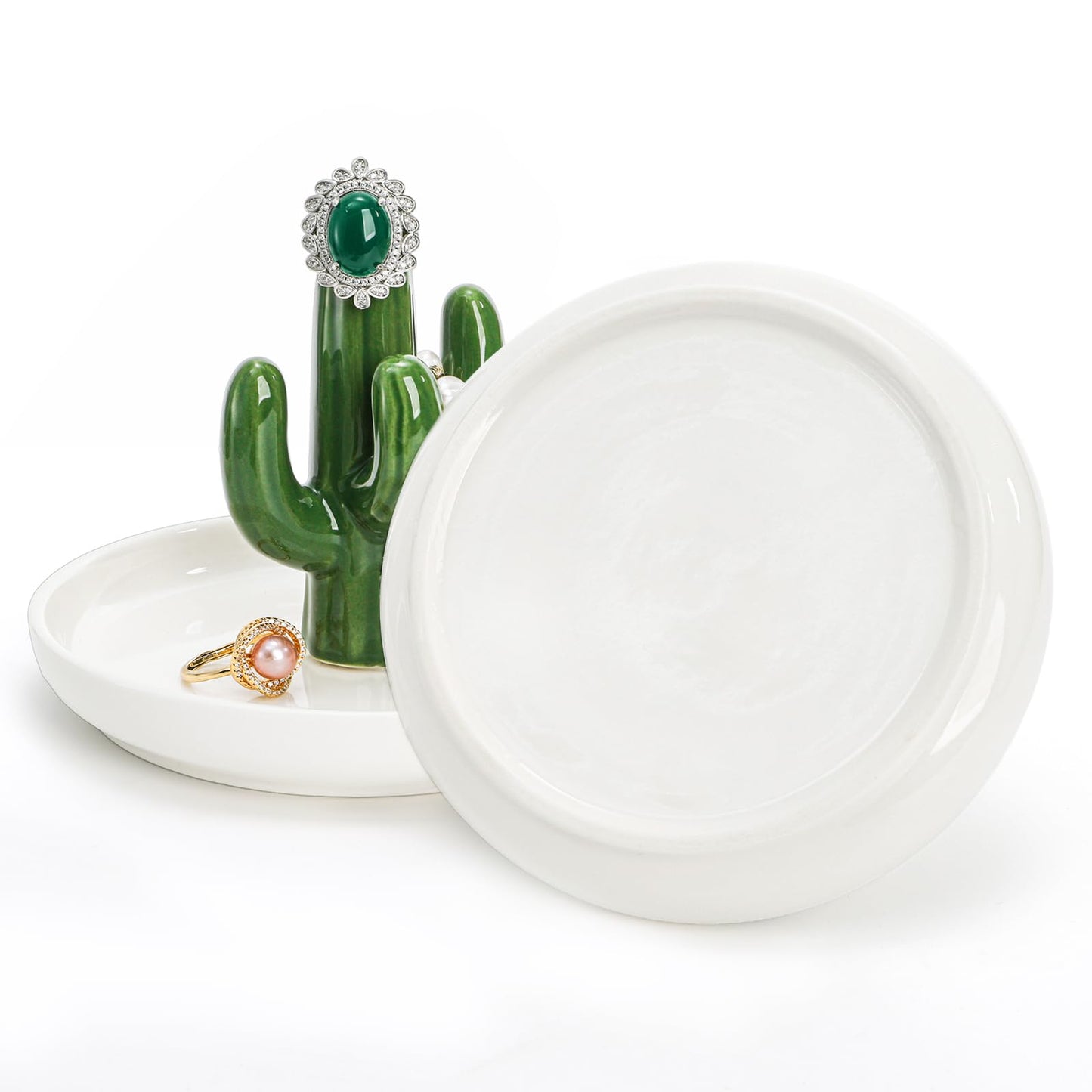 Elsjoy Set of 2 Ceramic Ring Holder Dish, Decorative Round Jewelry Display Trays, Aloe & Cactus Small Trinket Plate for Home, Gift, Mother's Day