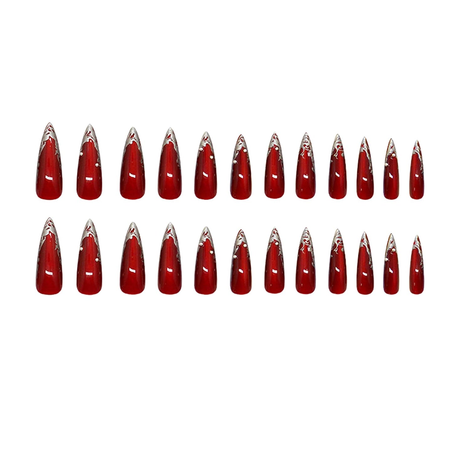 24Pcs Wine Red Press on Nails Long Pointed Almond Fake Nails French Nails Tip with Irregular Silver Design Glossy Y2k Acrylic False Nails Irregular Goth Artificial Nail Glue on on Nails for Women