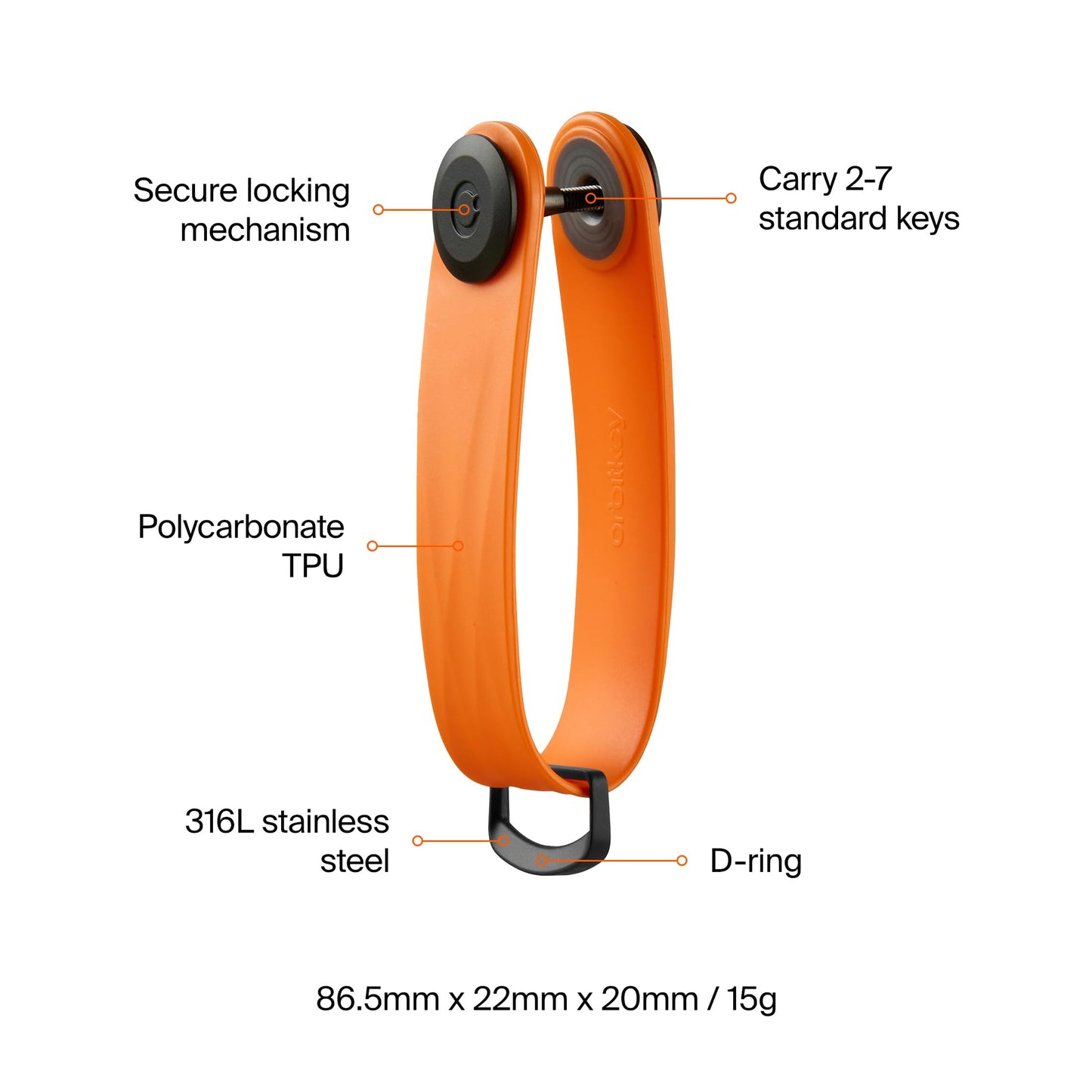 Orbitkey Active Key Organizer Lite – Durable Holder with Elastic Polymer Band, Carabiner Ring & Secure Locking Mechanism – Slim Pocket-Friendly Keychain for Everyday Carry & Travel (Tangerine)