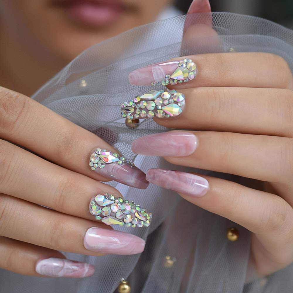 Marble Faux Ongles Large Pink Stones Pre-designed Luxurynails Extra Long Coffin Shape Ladies Party Wedding Decoration Accessories