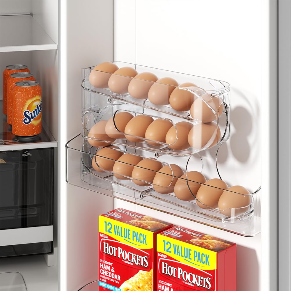 Sotfamily Clear Egg Holder for Fridge, Auto Rolling Egg Dispenser for Eggs 18 Count, FIFO Design, Space-Saving Egg Roller, Organizer, Container, Storage for Refrigerator & Kitchen Countertop(1 Pack)