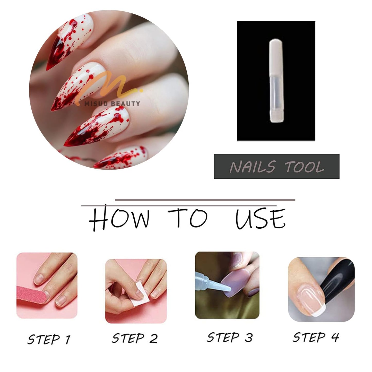 MISUD Press on Nails - Medium Stiletto Glue on Nails with Goth Blood, Acrylic Gothic Horror Design 24 pcs