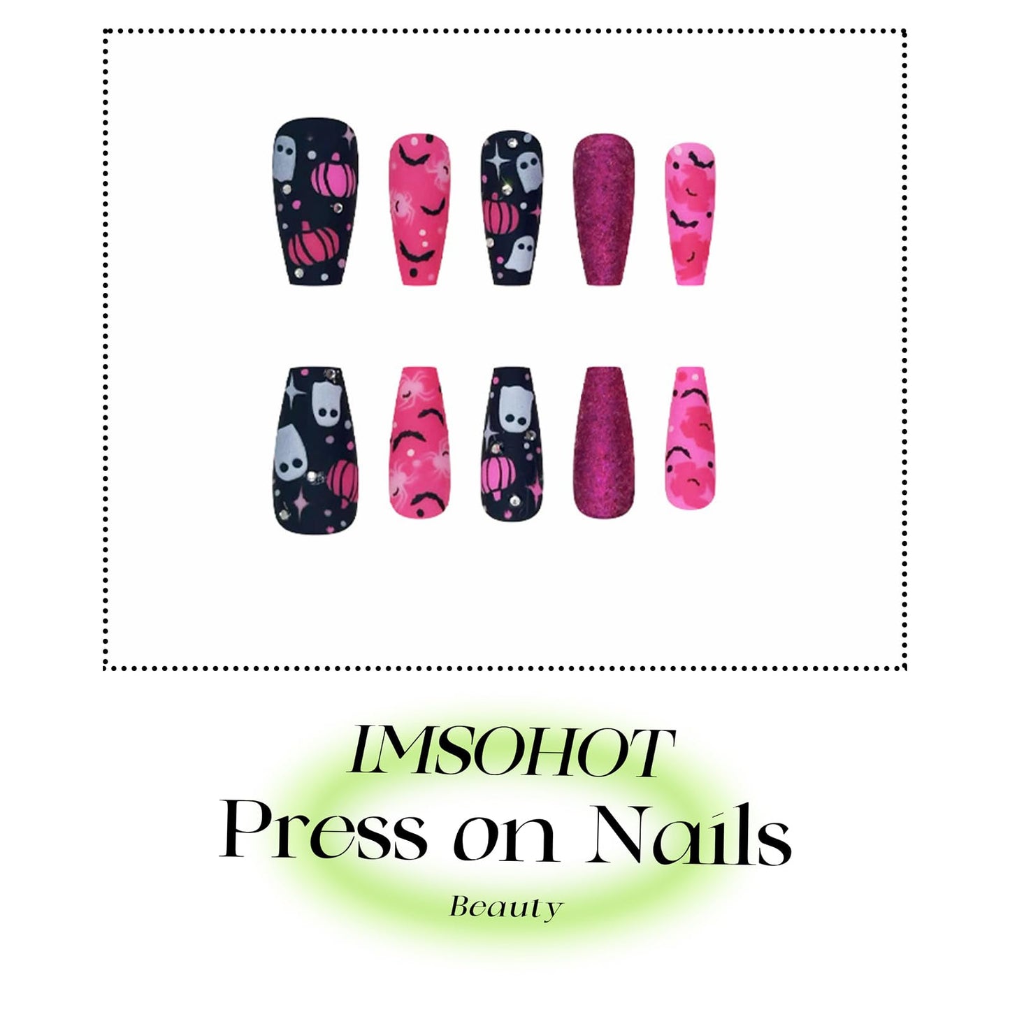 IMSOHOT Press on Nails - Pink Black, Long Coffin Fake Nails with Ghost, Bat, Spider Designs Full Cover Glue on Nails Cute Glitter Ballerina False Nails for Women Nail Decoration