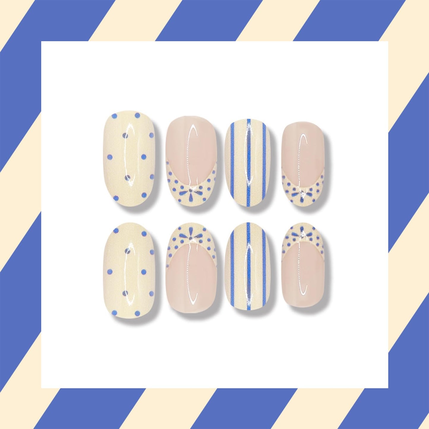 White French Tip Press on Nails Short Almond Fake Nails witn Blue Polka Dot Stripe Design Spring Summer False Nails Press ons Glossy Full Cover Glue on Nails for Women Girls Manicure Decorations