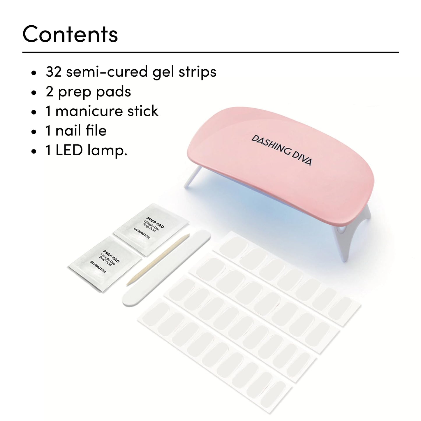 Dashing Diva Glaze Nail Starter Kit - Daikon - Long Lasting, Chip Resistant, Semi-Cured Gel Nail Strips - 7-Piece Manicure Set with 32 Strips and Mini LED Lamp