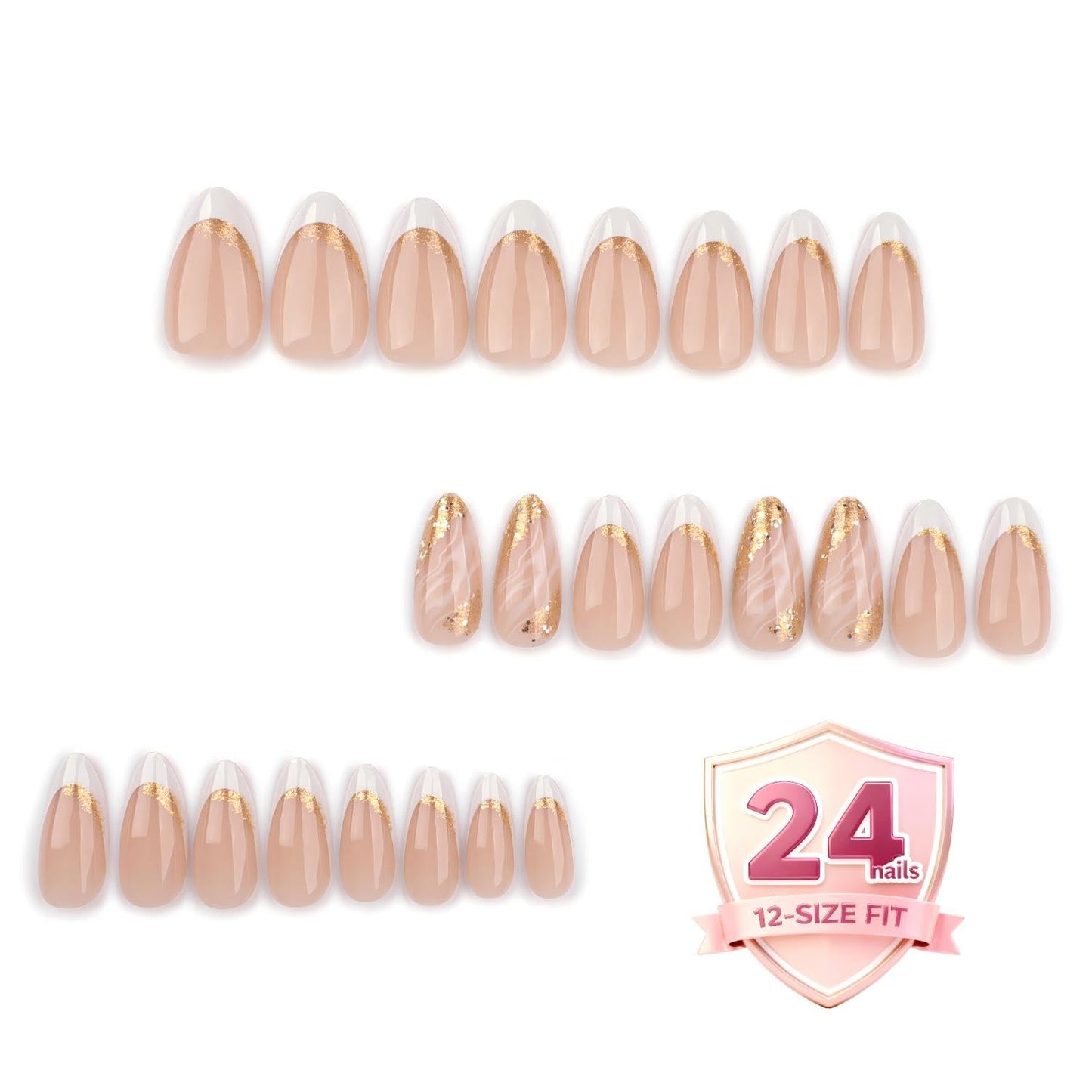 French Tip Press On Nails Short Almond, Nude Pink Fake Nails with Gold Foil Accent, Glossy Elegant Stick On Nails for Women, 24PCS Nail Kit