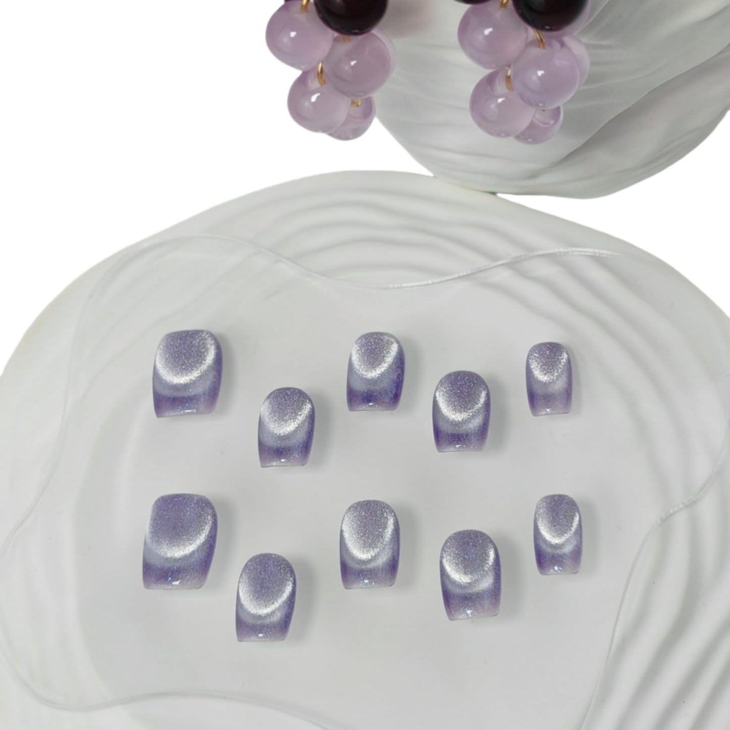 Cat Eye Press on Nails Handmade Short Oval/Square/Round False Nails with French Tip/Aurora/Magnetic Shimmer Designs (French#Grape Pop Rocks, Small)