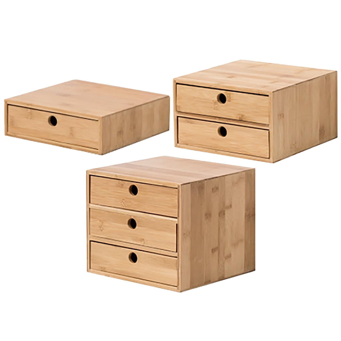 Modular Stackable Set of 3 Bamboo Organizer Desktop Drawers - 1, 2, 3 = 6 Drawers Total Storage Organizer for Desk Accessories, Office Supplies, Makeup Storage - Tabletop Wood Box Stackable Drawers