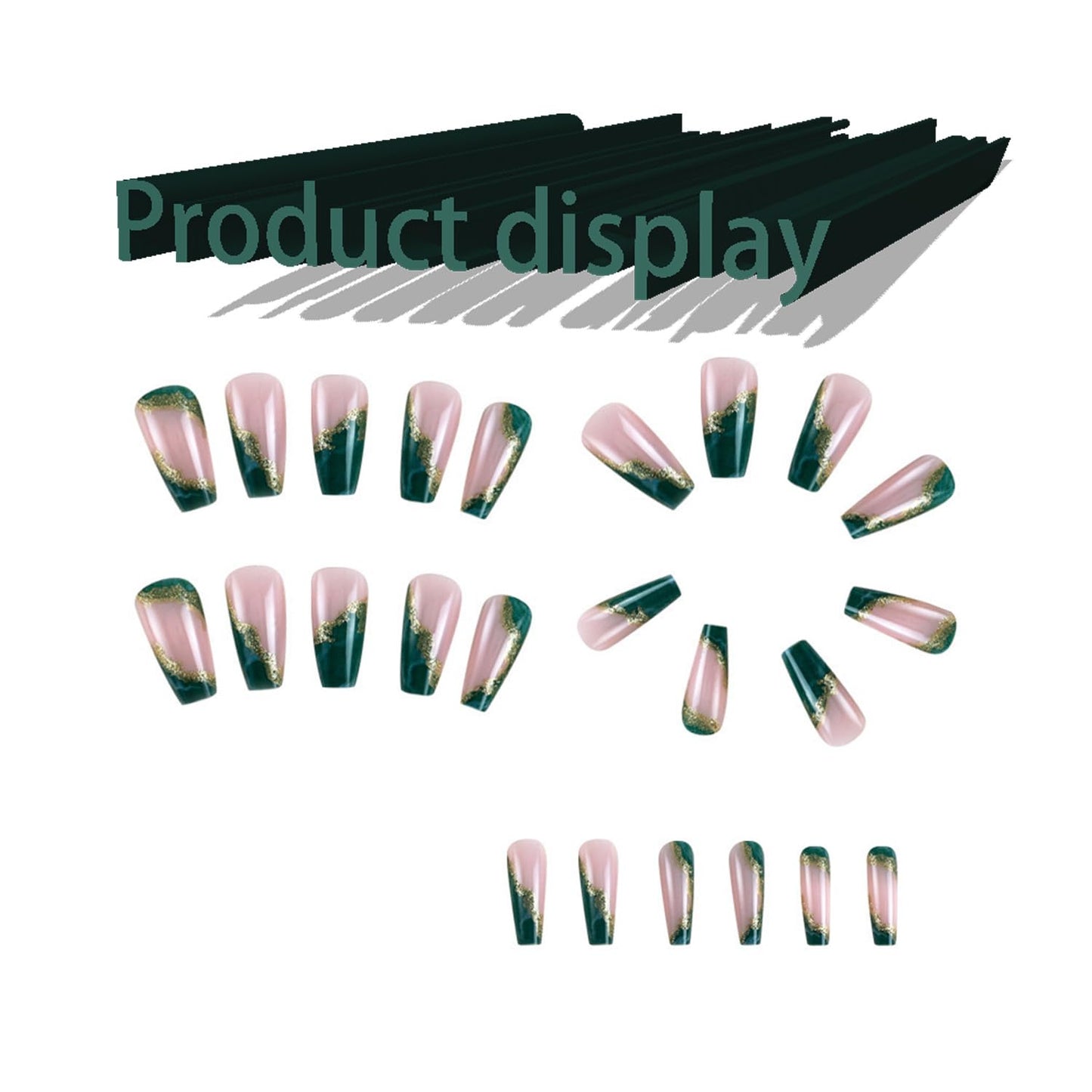 Dark Green Press On Nails - Medium Marble False Nails with Glitter Designs, Glossy Gold Foil, Coffin Shape, Reusable Acrylic, Full Cover Artificial Nails, Glue On, 24pcs
