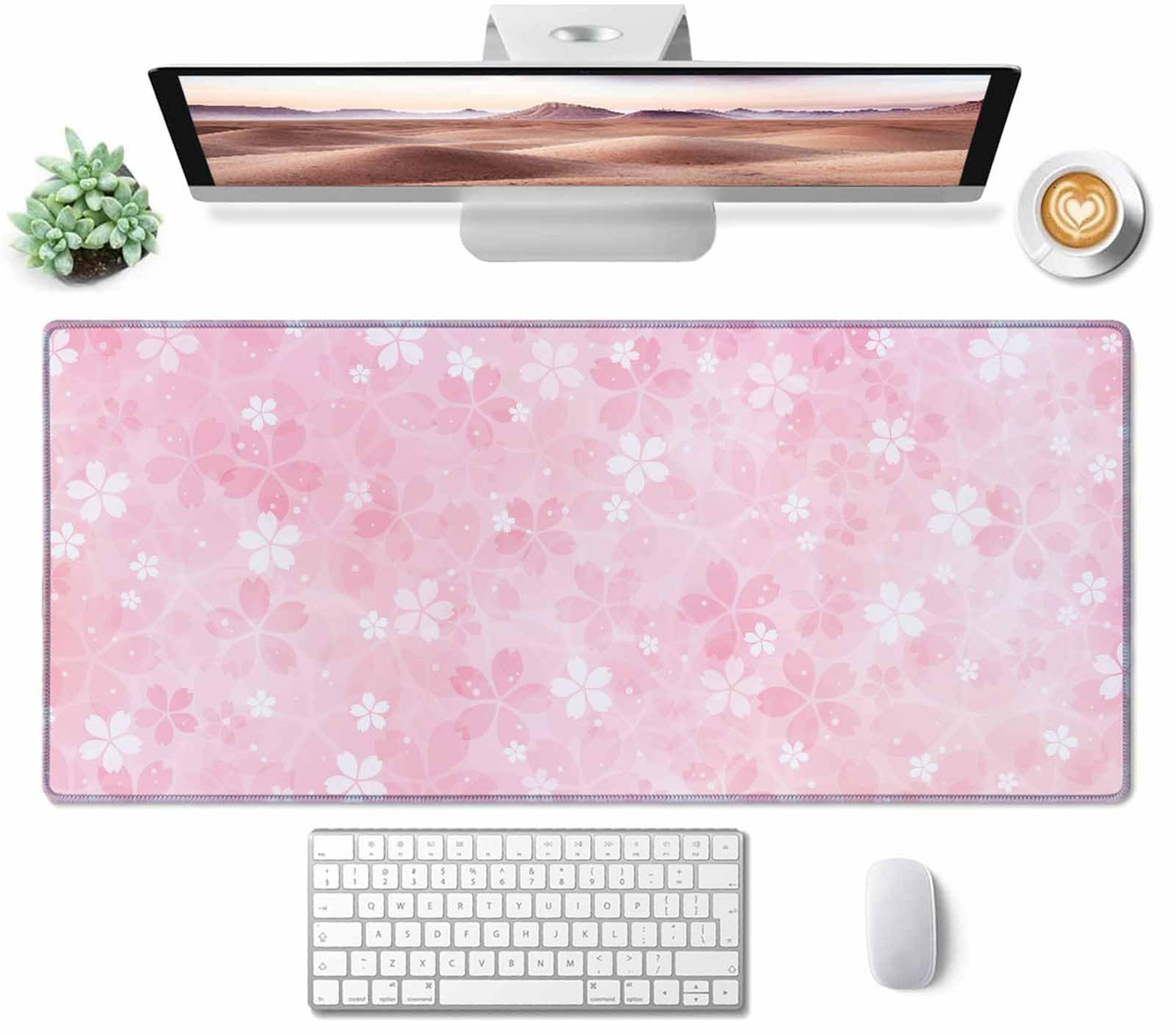 Gaming Large Mouse Pad with Stitched Edges, Cherry Blossoms Desk Mat, Extended Keyboard Pad, Non-Slip Rubber Base Desk Pad for Keyboard and Mouse, 35.4X15.7 inch