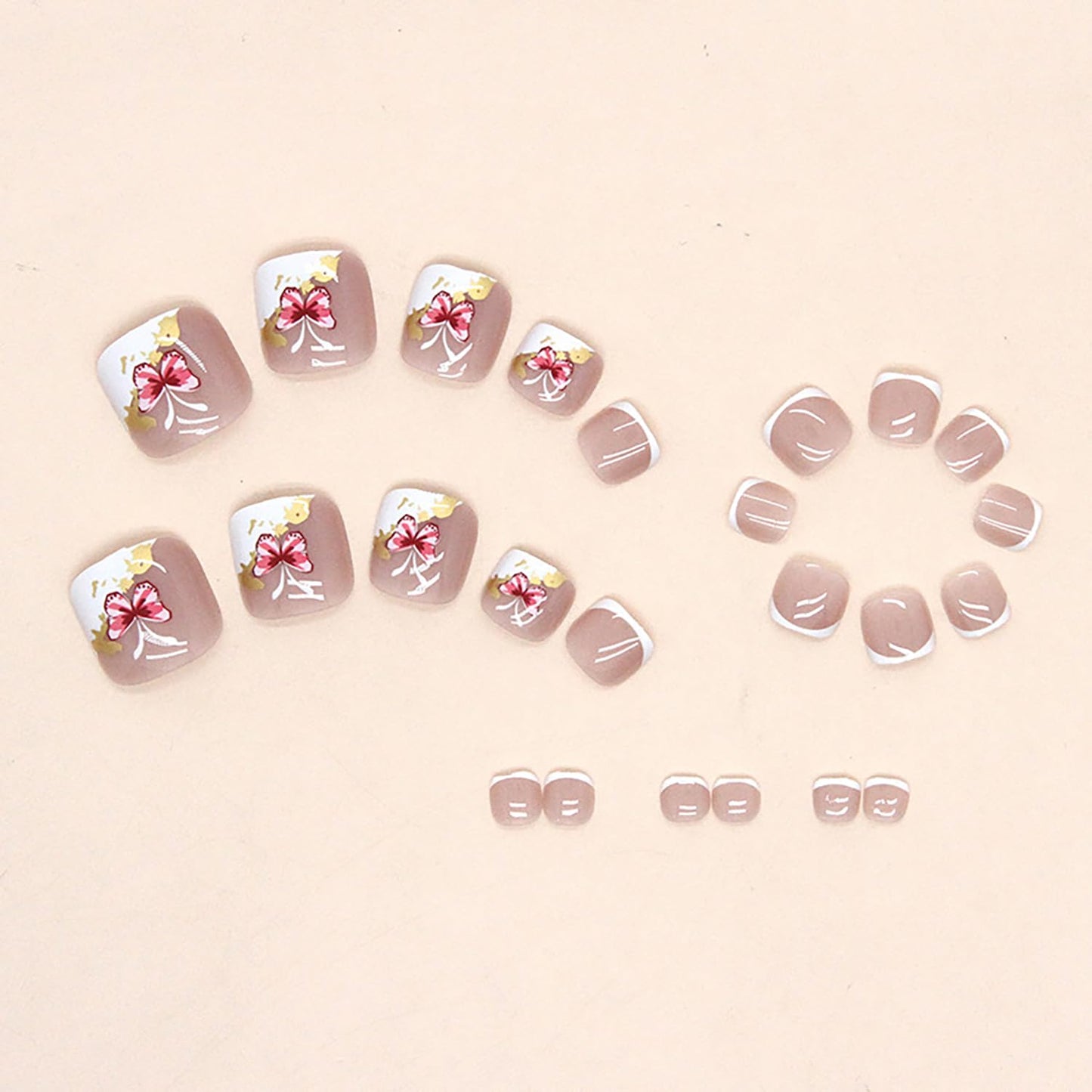 Press On Coffin Toenails with Butterfly Designs, Full Cover Reusable False Nails with Glue, Artificial Acrylic Fake Nails for Toe, Glue on Toenails with Charm, Stick on Toe Nails for Women (F097)