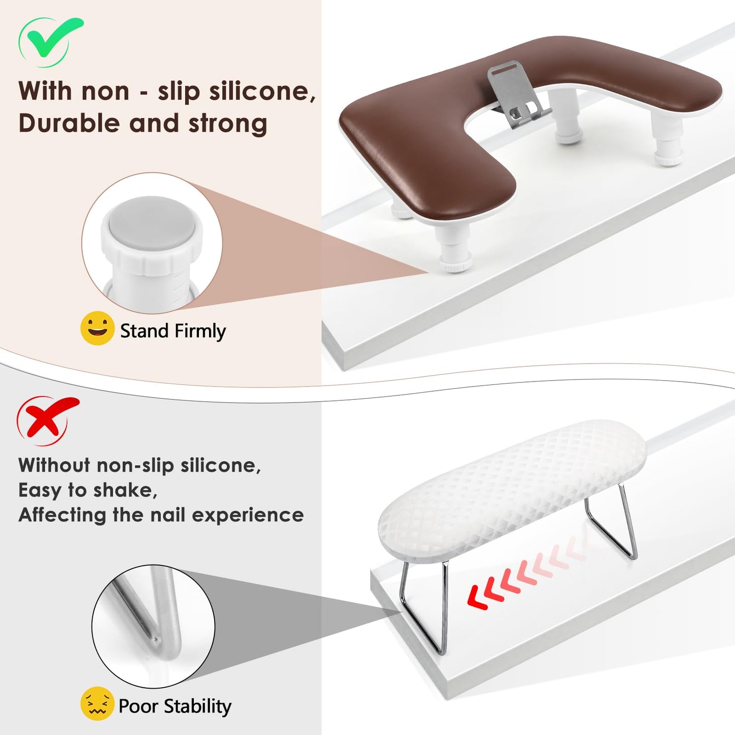 LIONVISON Arm Rest for Nails Tech: U Shaped Adjustable Height Ergonomic Nail Hand Rest Stand PU Leather with Rotating Phone Holder for Nail Salon Manicurist (Brown)