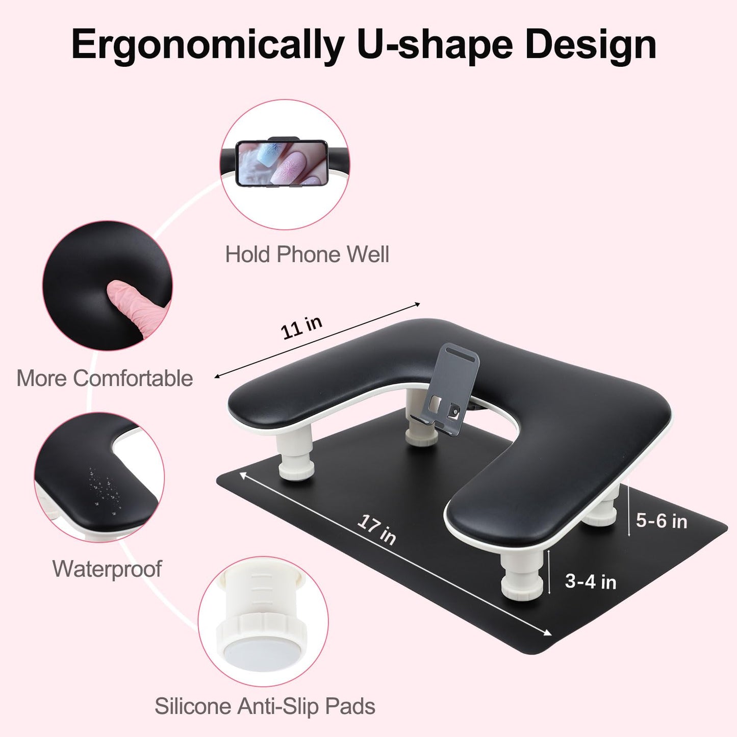 Arm Rest for Nails Tech with Nail Table Mat and Phone Holder,Adjustable Base U-shaped Manicure Nail Hand Rest Stand Pillow Cushion(Black)