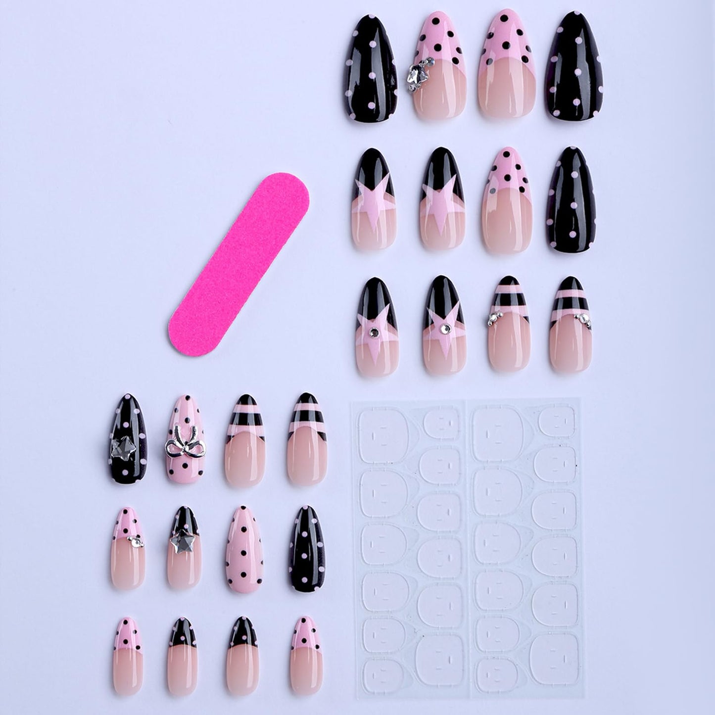 Polka Dot Press on Nails Almond Medium Fake Nails with Designs Bow Stars Stick on Nail Cute French Acrylic False Nail Rhinestone Artificial Nail Glossy Full Cover Glue on Nails for Women