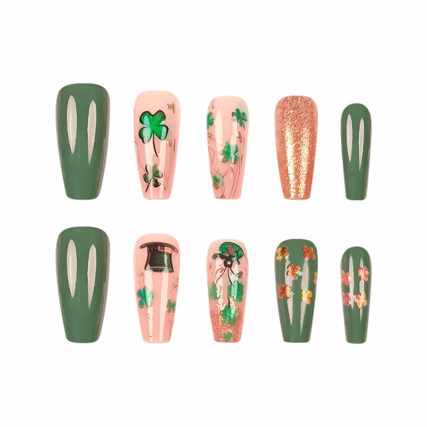 MISUD Press on Nails - Long Coffin Fake Nails with Green Shamrock, Acrylic Bling Gold Glitter Design 24 pcs