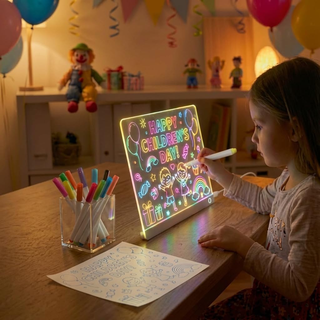 LED Drawing Board for Kids Teens, A4 Glow Doodle Note Board with USB-C, 9 Light Modes, Scratch-Resistant, 12 Markers & Stand – Mother's Day, Children's Day, Birthday Gifts for Girls Boys