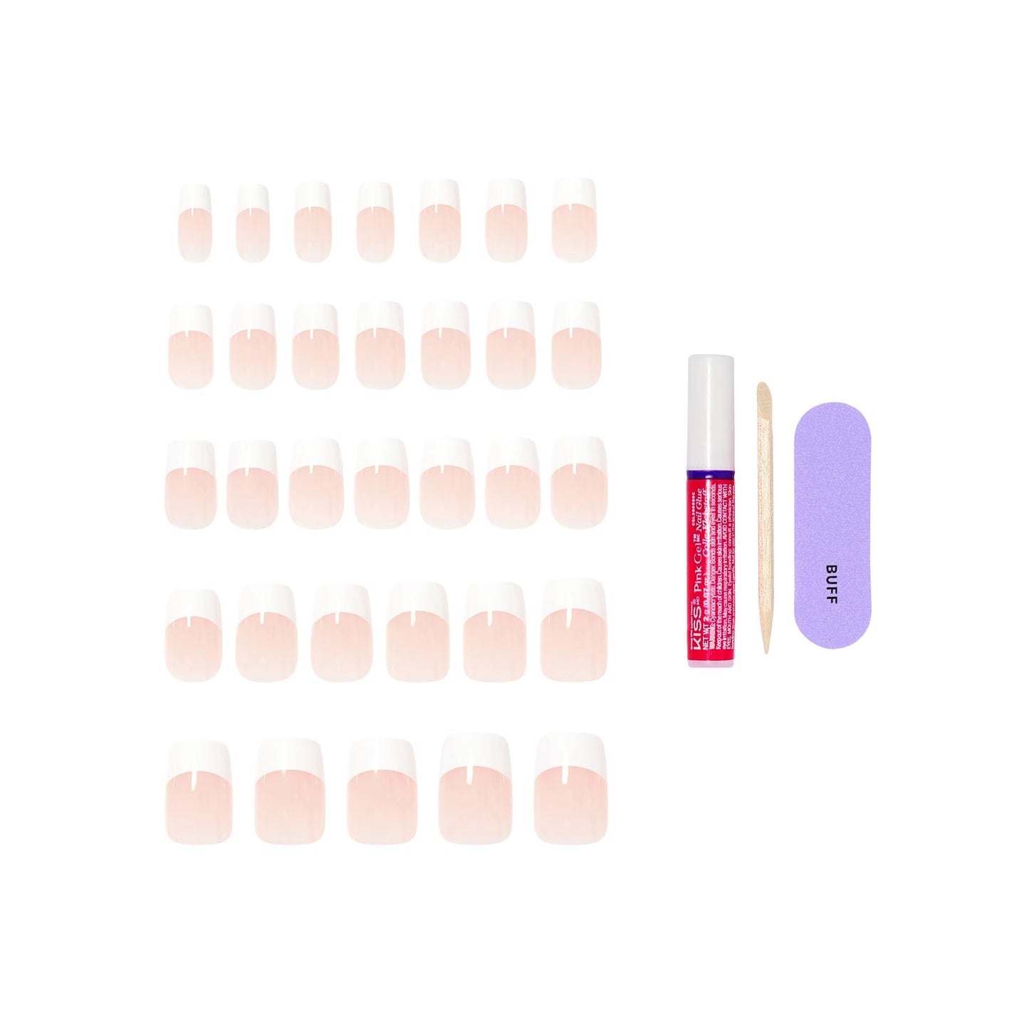 Kiss Core, Press On Nails, Nail glue included, 'Hopeful', White, Medium Size, Squoval Shape, Includes 32 Nails, 2g Glue, 1 Manicure Stick, 1 Mini File