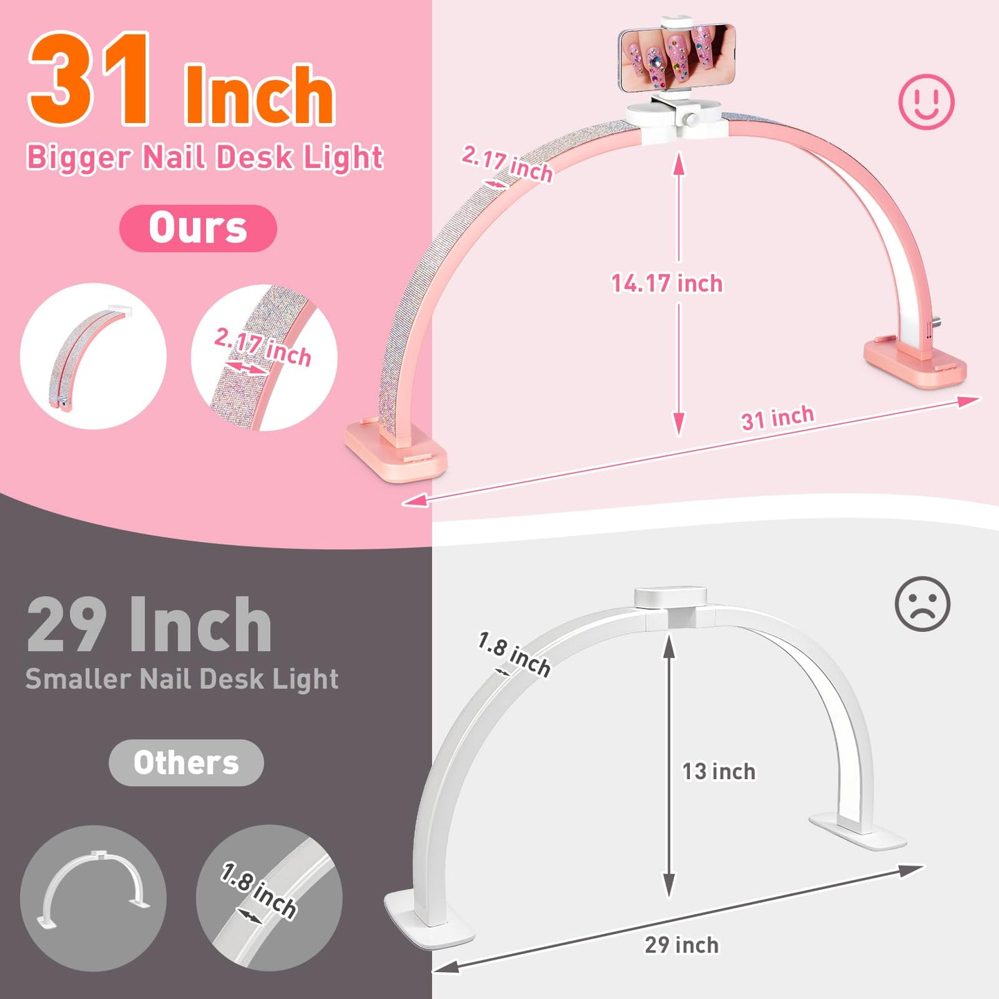 HITTI Super Large 31in Half Moon Light for Nail Desk, Foldable Arch Light for Nail Tech Lamp with Phone Stand, LED Table Lamp for Manicure, Handicraft, Art, Eyelash Extension (Crystal Diamond)-Pink