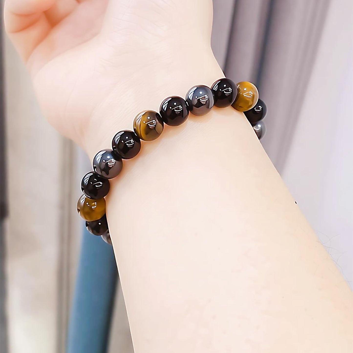 WEFRIN Triple Protection Bracelet for Bring Luck and Prosperity Hematite Black Obsidian Tiger Eye Stone Bracelets for Men Women, Beaded Buddha Healing Rope Uni Bracelet (2pcs)