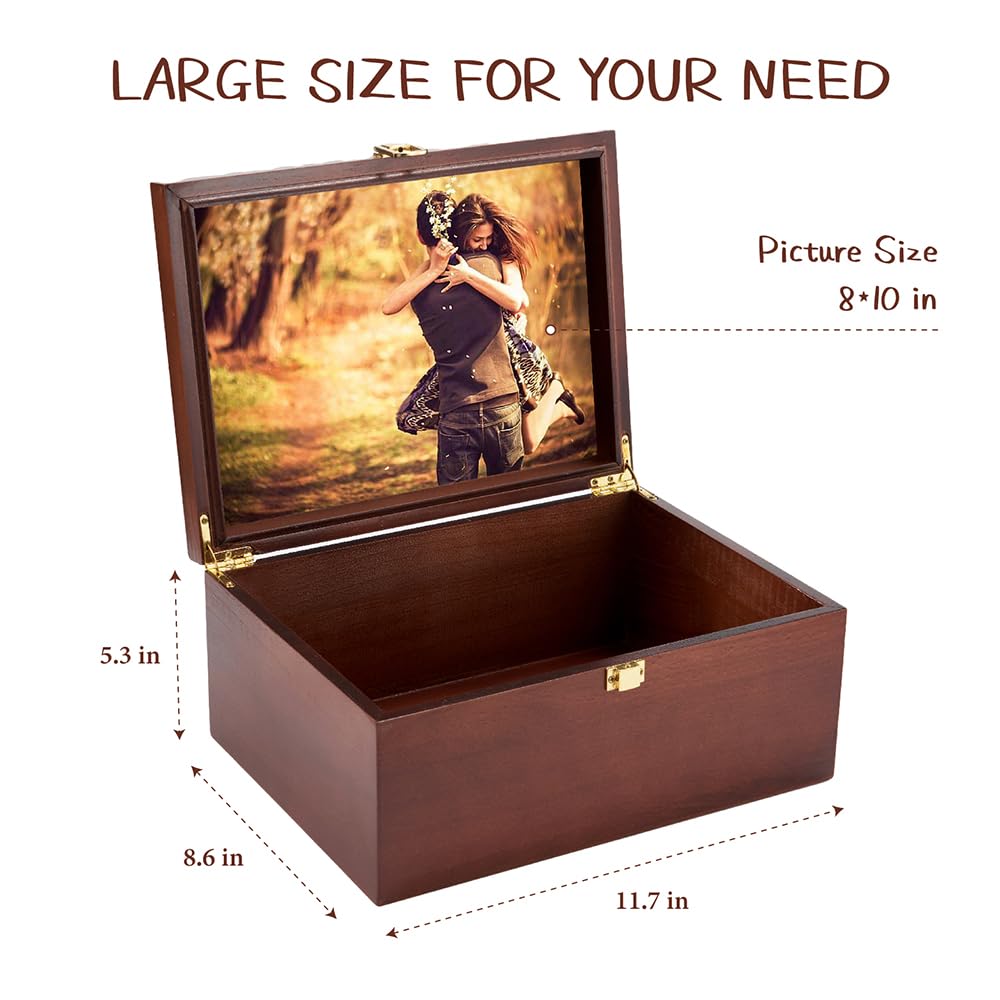 Larger Wooden Memory Keepsake Box with Hinged Lid & 8x10 Photo Frame Inside Lid – Decorative Storage Box With a Hinge Lids for Pictures, Letters & Time Capsule – Wooden Gift Box, 5.3” x 8.6” x 11.7”