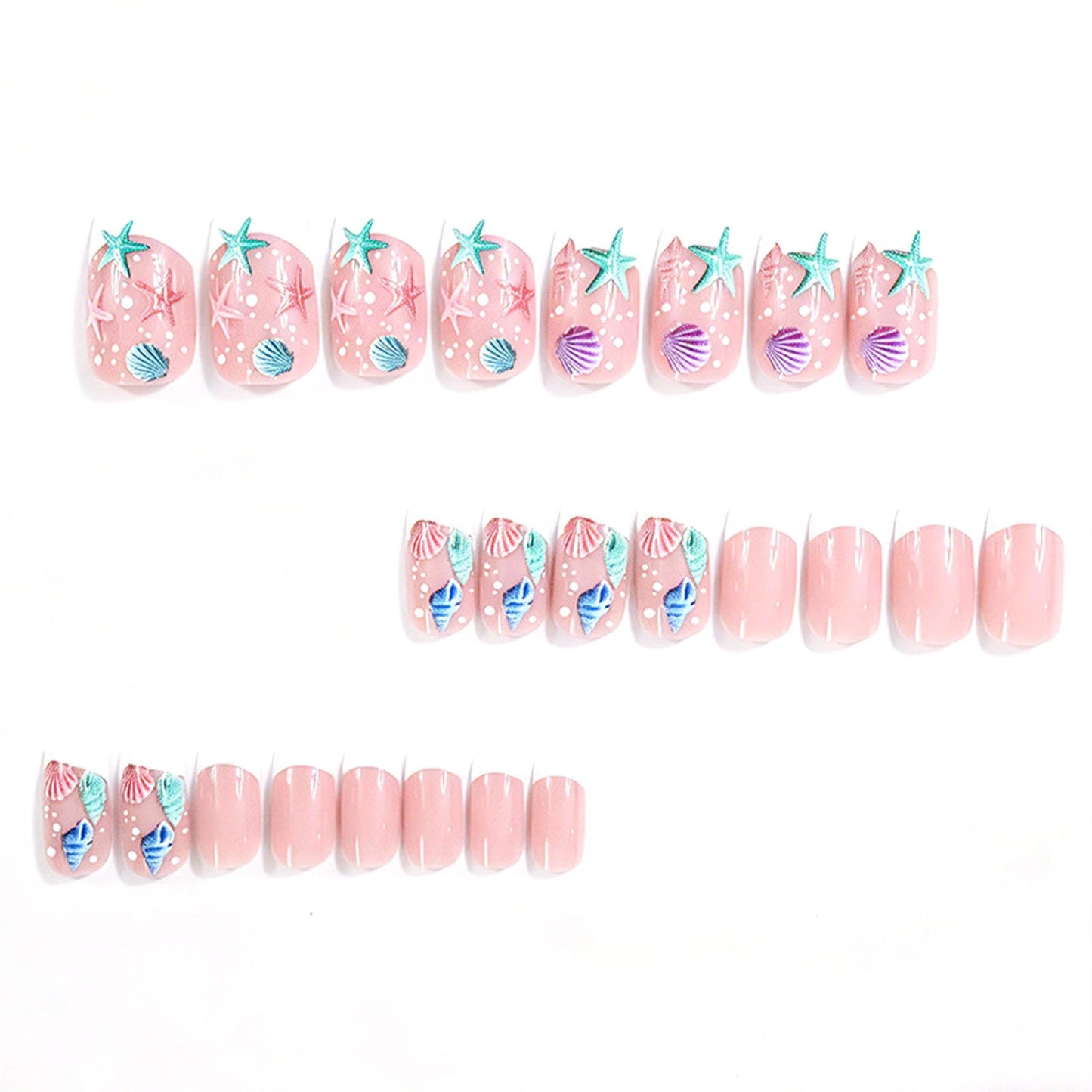 Summer Press on Nails Medium Square Fake Nails with Starfish Shell Dot Designs Glossy Nails Press ons White French Tip Glue on Nails Acrylic Artificial Stick on Nails for Women 24Pcs