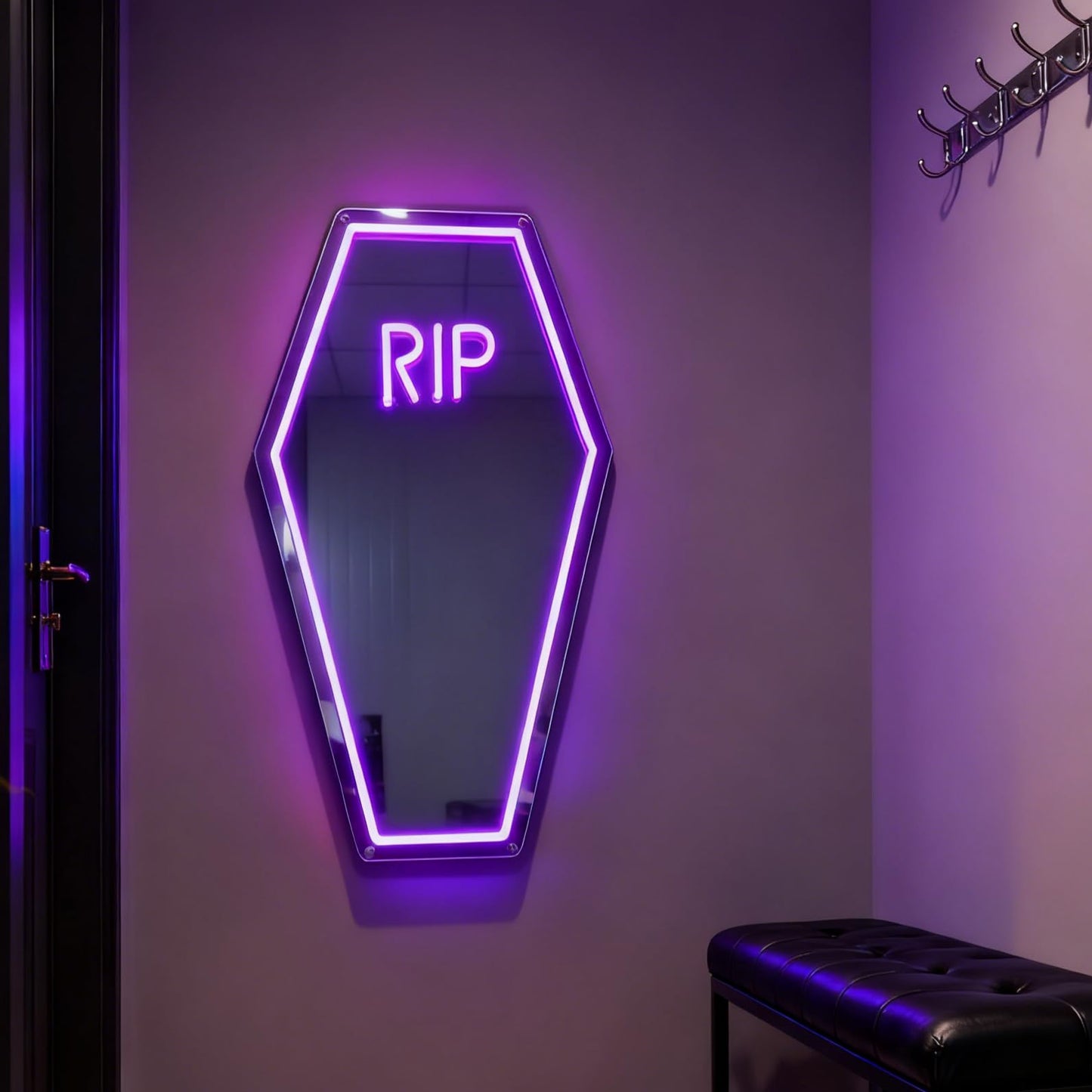 Coffin Shape RIP Neon Sign, USB Powered Dimmable Decorative Neon Light for Haunted House Gothic Spooky Theme Wall Table Decor Horror Party Gifts 19.9 x 12.2 In